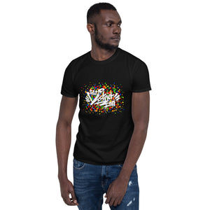 District ink "DC Dot Room" black t-shirt. Design includes District ink logo with multi-colored dotted background.