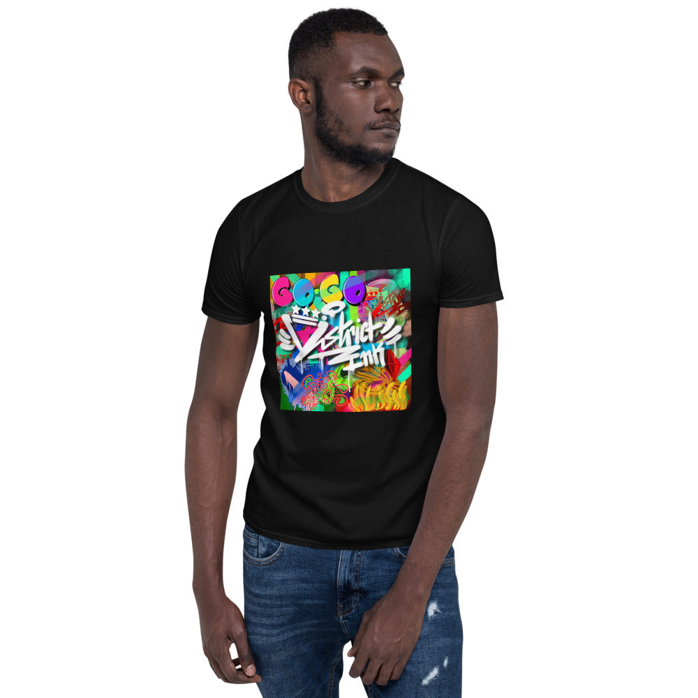 District ink “the cope” black t-shirt. Design includes District ink logo in center foreground and colorful background of DC themed images and graffiti.