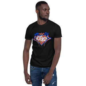 District ink “super ink” black t-shirt. Design includes super hero like graphic with District ink logo overlay.