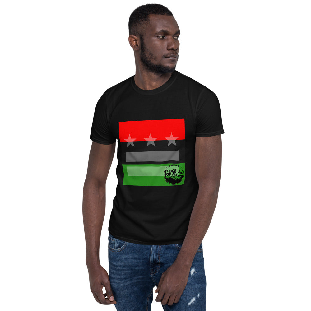 District ink “pan africa” black t-shirt. Design includes pan african flag with DC flag and District ink logo prominently in foreground.