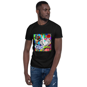 District ink “urban abstract II” black t-shirt. Design includes colorful abstract of multiple logo images, a rose and ASL DC illustrated hands with District ink logo prominently placed.