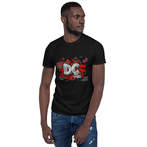 District ink “splash III” black t-shirt. Design includes DC flag image with illustrated "DC" lettering on top.