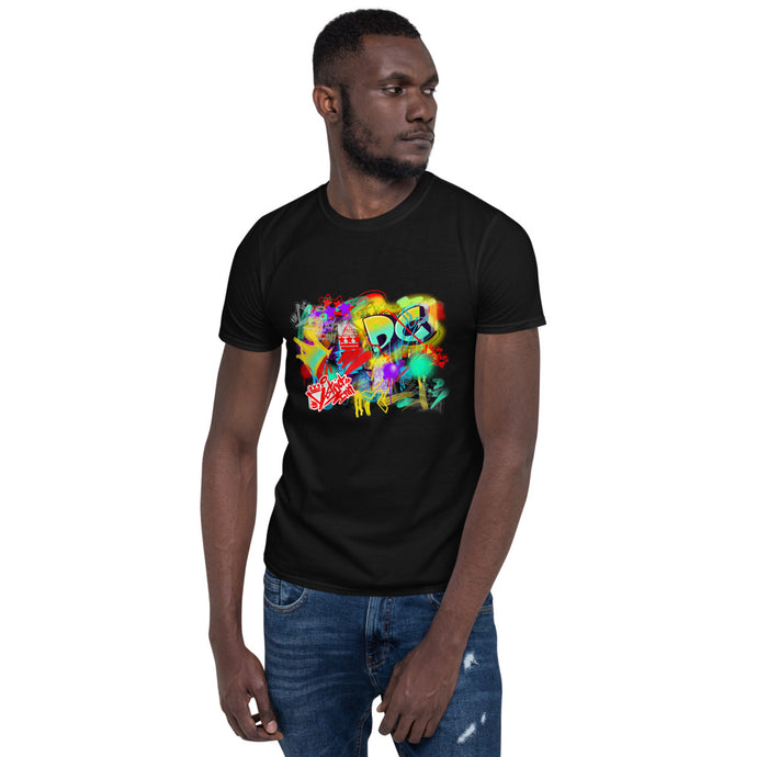 District ink “urban abstract” black t-shirt. Design includes colorful abstract of urban images specific to DC with District ink logo prominently placed.