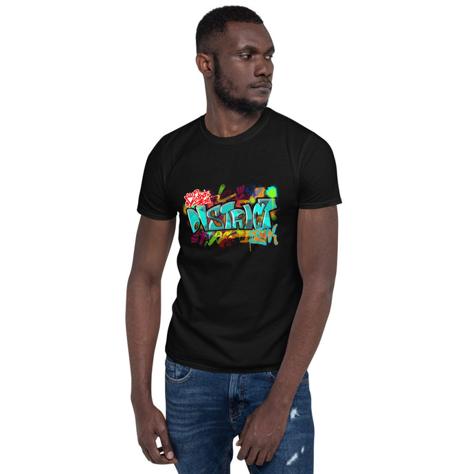 District ink “splash II” black t-shirt. Design includes District ink logo, graffiti District ink letters in deep mixed colors.