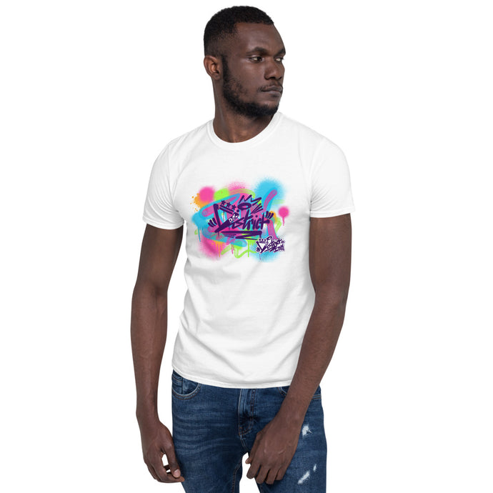 District ink “neon” white t-shirt. Design includes neon graffiti like background with District ink logo in foreground