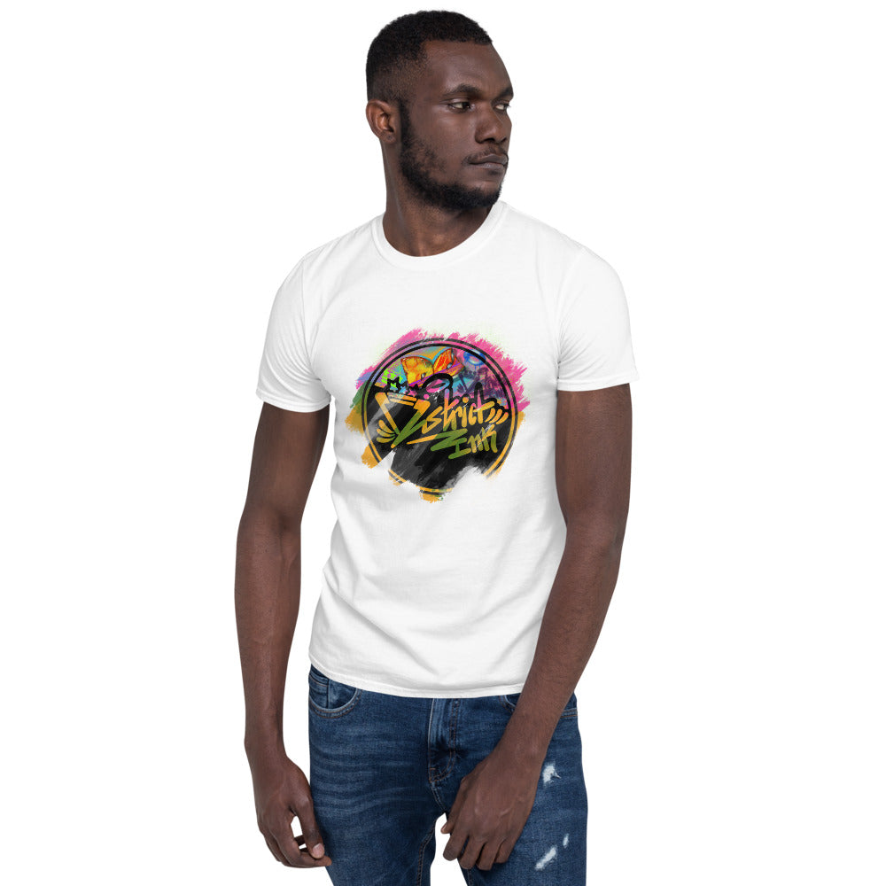 District ink “glow worm” white t-shirt. Design includes District ink circular logo emblem with multi-colored paint strokes-like neon multi-color background.