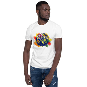 District ink “shield III” white t-shirt. Design includes District ink circular logo emblem with multi-colored paint strokes-like colorful background.