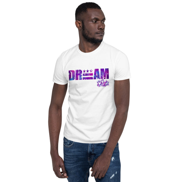 District ink “DREAM” white t-shirt. Design includes large purple galaxy-like lettering reading 