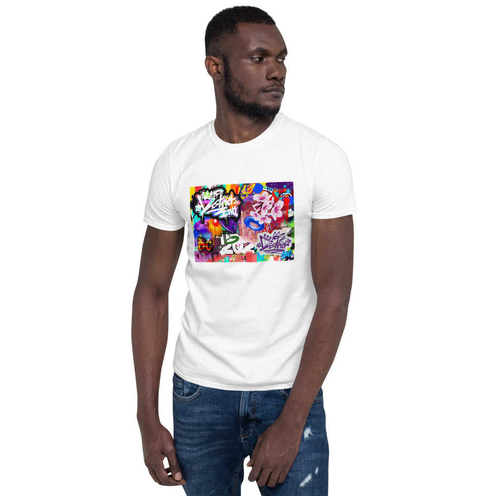 District ink “urban abstract IV” white t-shirt. Design includes colorful abstract of urban images specific to DC with District ink logo prominently placed.