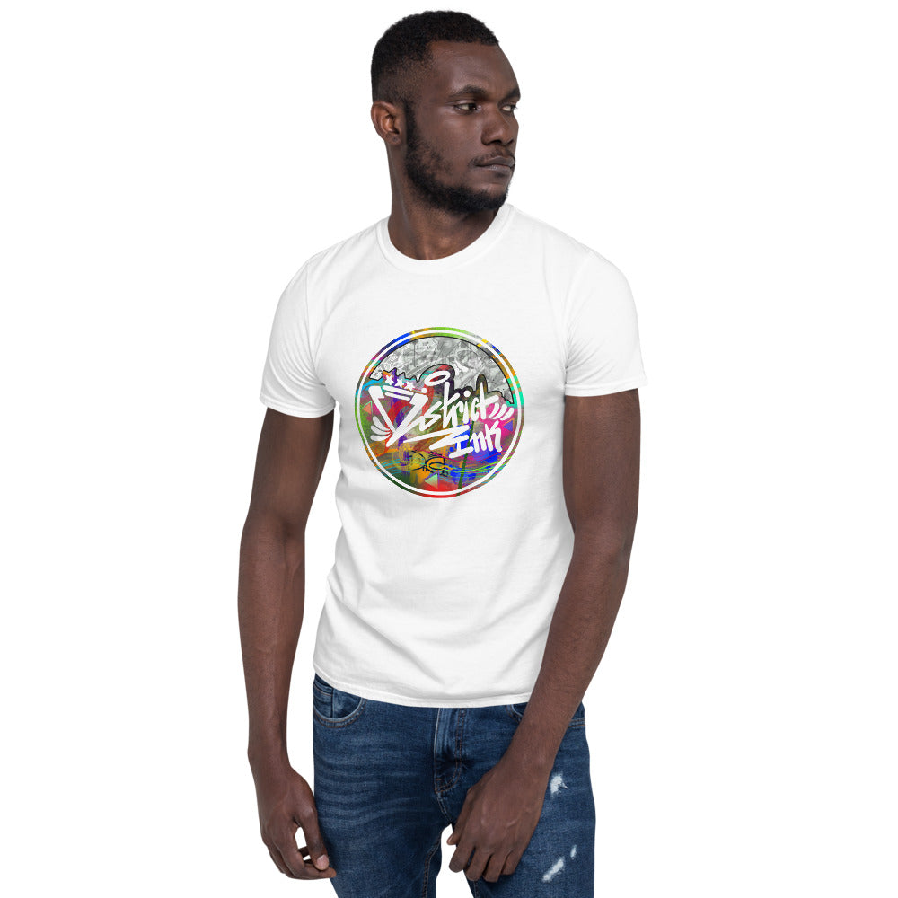 District ink contrast shield white t-shirt. Design includes District ink circular logo emblem with multi-colored background.